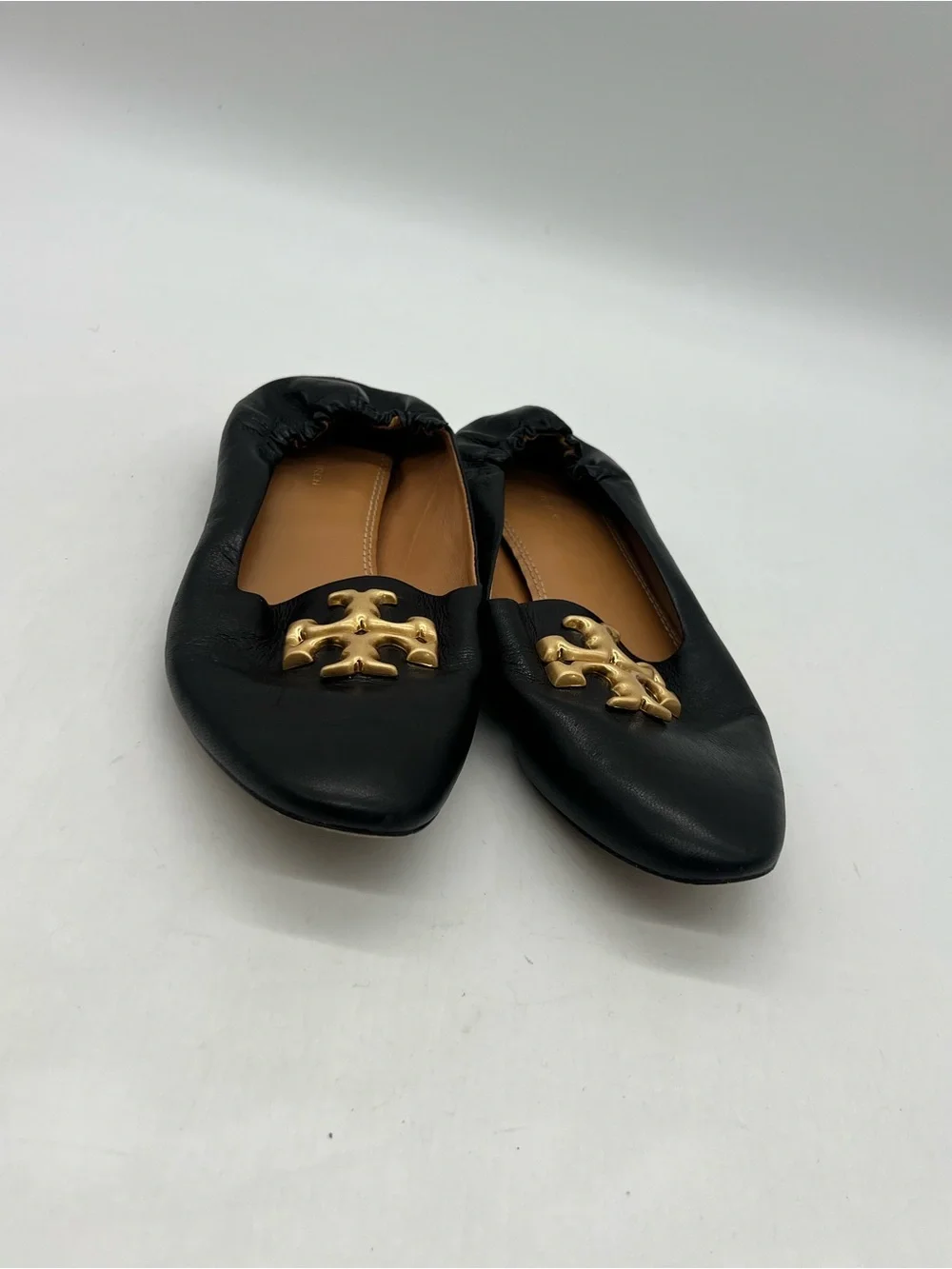 Tory Burch Eleanor Logo Goat Women 8.5M Black Leather Flat Loafers Shoes